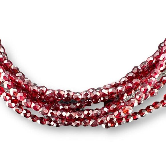 Seven Strands Red Stones Beaded Necklace over Gold Plated Hook Clasp 17-20" - Picture 3 of 7